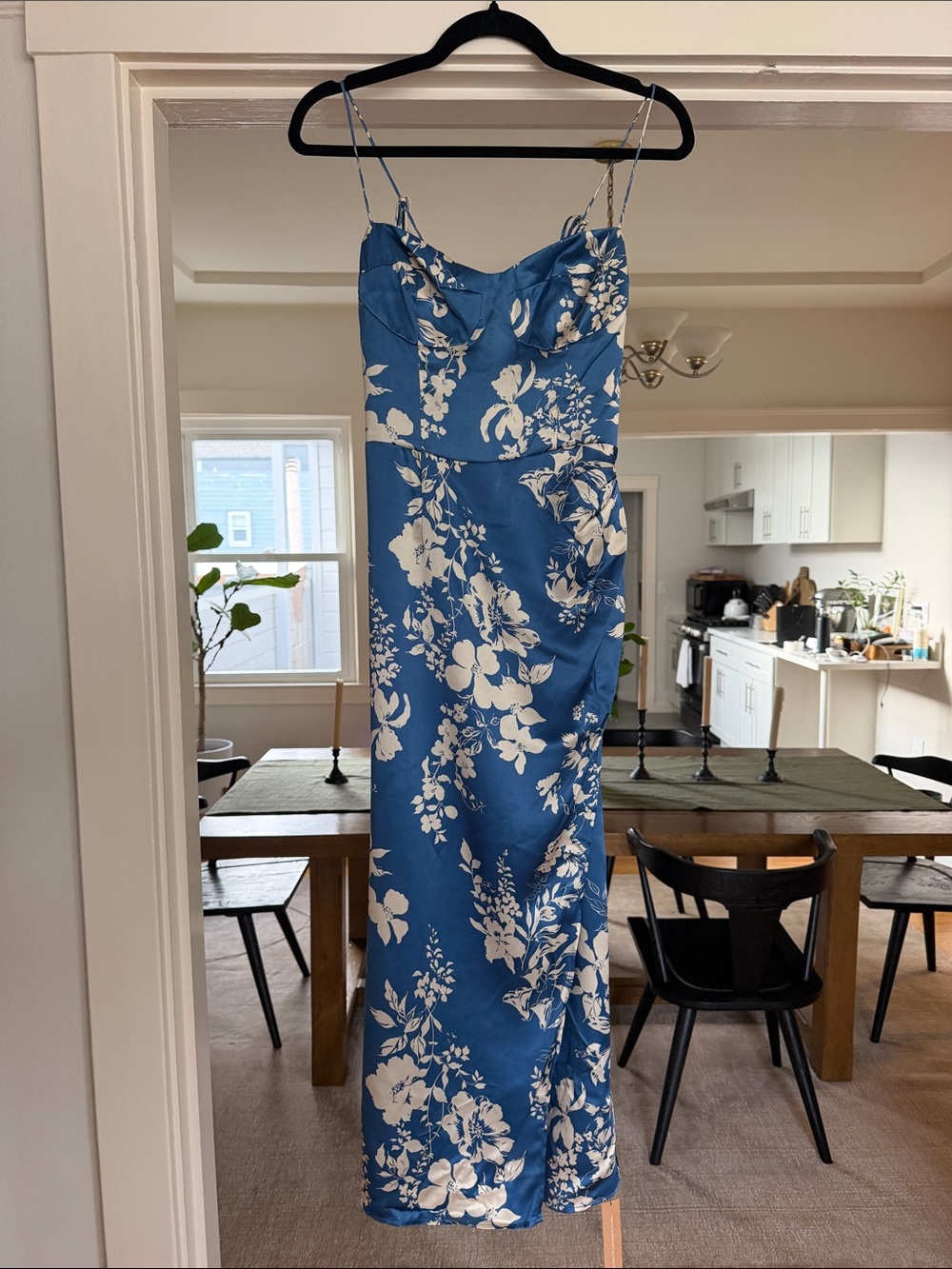 Reformation Blue Floral Silk Slip Midi Dress with White Blossom Print